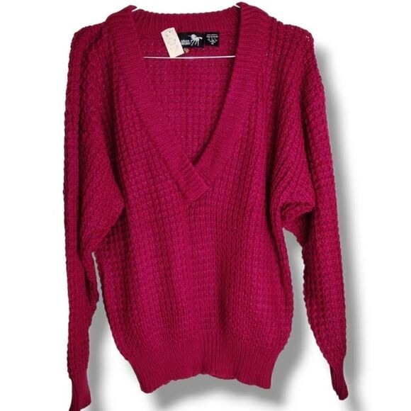 Silver Unicorn Sweaters - Silver Unicorn Vintage Magenta Pink Waffle Knit V-Neck Sweater Womens Medium NWT